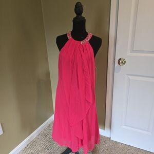 SLNY Hot Pink Halter Dress with Jeweled Neckline